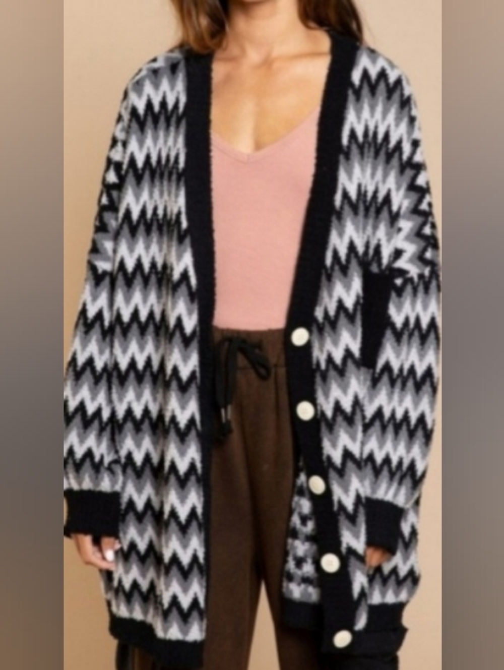 POL Button Front Berber Cardigan Chevron Zig Zag Pattern OVERSIZED